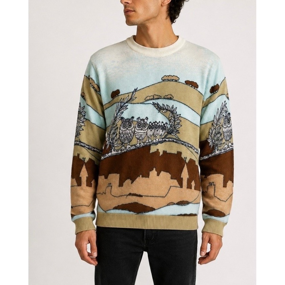 Finest Quality Knitwear Mens Vintage Owl Scene Novelty Sweater Acrylic Size L